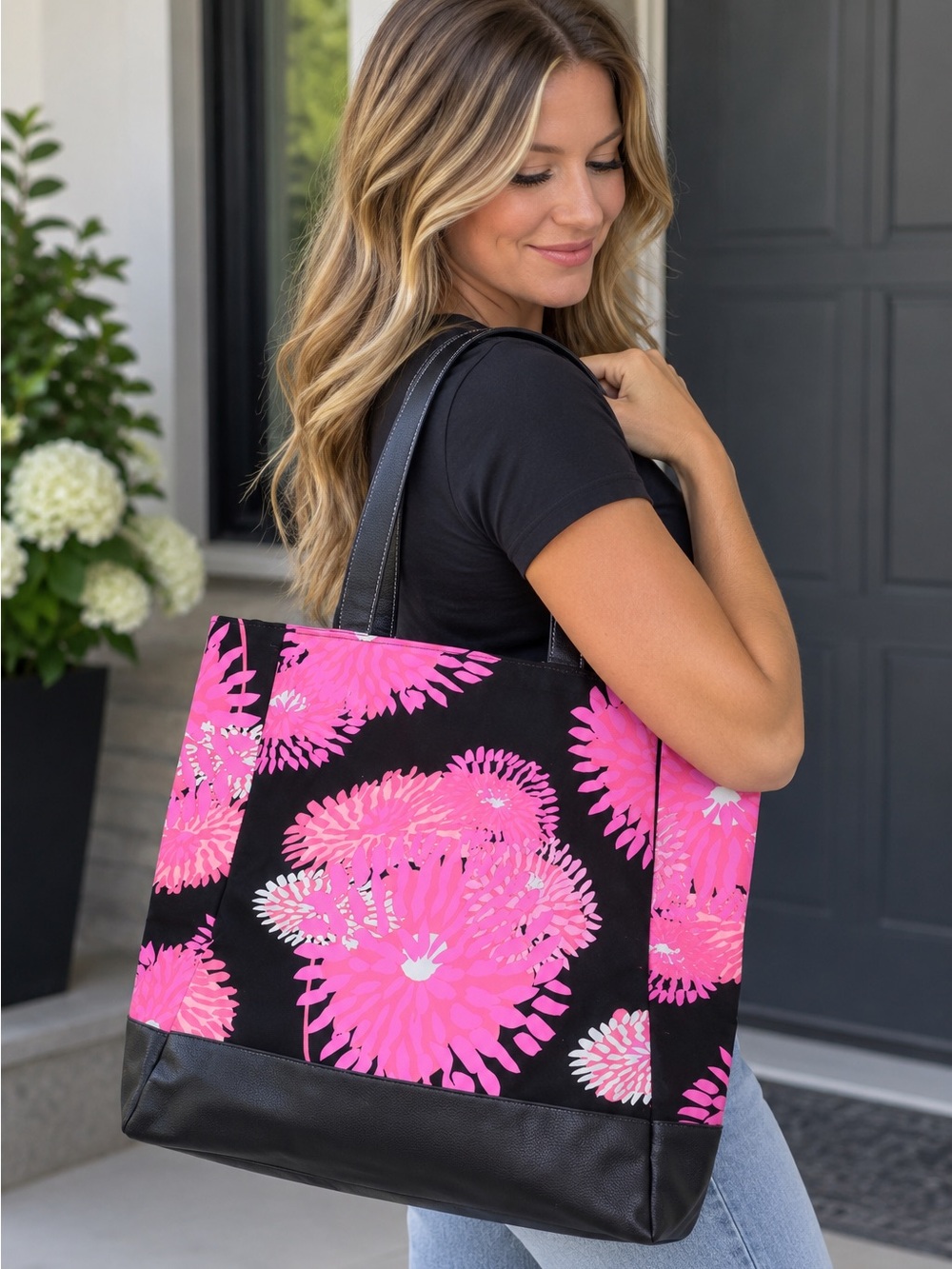 Large Avon Pink Floral Tote with Black Accents
